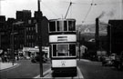 Tram No. 202 on Angel Street. Snig Hill and Corporation Buildings in background, Buildings on right, in background, are Duncan Gilmour's, Lady's Bridge Brewery, Water Lane Tram No. 202 on Angel Street. Snig Hill and Corporation Buildings in background, Buildings on right, in background, are Duncan Gilmour's, Lady's Bridge Brewery, Water Lane