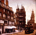 View: v00308 Pinstone Street looking towards Town Hall, premises on left include Nos. 78 and 80 Leonard Beswick, printer (extreme left) and Nos. 60 and 62 Stewart and Stewart, tailors and Sheffield Cafe Co., Wentworth Cafe (turreted building)