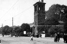 Entrance to Firth Park showing clock tower refreshment rooms, tramway and what used to be the large turning circle for horse drawn vehicles