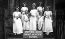 Sheffield and District Band of Hope, Velma Furniss, Queen 1950, train bearer Diana Dowker and retinue at Hanover Street Church steps Sheffield and District Band of Hope, Velma Furniss, Queen 1950, train bearer Diana Dowker and retinue at Hanover Street Church steps