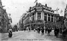 View: v00866 Coles Corner, High Street/Church Street, decorated for the royal visit of King Edward VII and Queen Alexandra, looking towards Fargate (left)