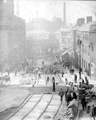 Laying of tram tracks, Waingate looking towards Lady's Bridge, Royal Hotel, right, Court House (old Town Hall), left, Exchange Brewery (Tennant Brothers) in distance