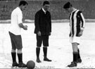 Captains, Brittleton (Wednesday) and Wheelhouse (Grimsby) toss the coin in front of Referee Fowler, F. A Cup, Owlerton: Sheffield Wednesday 5 Grimsby Town 1