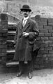 George Arthur Fox (1871 - ), (stage name Professor De Lyle, conjuror) on steps at the back of No. 184 Ecclesall Road George Arthur Fox (1871 - ), (stage name Professor De Lyle, conjuror) on steps at the back of No. 184 Ecclesall Road
