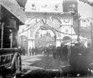 Queen Victoria's visit. Decorations on Pinstone Street showing (back) St. Paul's Church