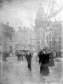 View: v01653 High Street and Fitzalan Square looking towards Commercial Street decorated for the royal visit of Queen Victoria. Birmingham District and Counties Banking Co. Ltd in background