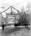 Queen Victoria's visit to Sheffield, decorative arch at Barkers Pool, looking towards Town Hall Square. Newly built Town Hall in background