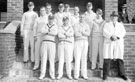 English Steel Corporation cricket team on the steps of the pavilion, English Steel Corporation, sports ground, Shiregreen Lane, probably 1940's