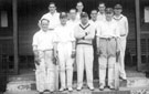 English Steel Corporation cricket team outside changing pavilion, sports ground, Shiregreen Lane with Bob Short back row 2nd from right