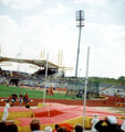 Kate Staples (alias Zodiac from tv's Gladiators) attempting a height in the Womens Pole Vault, AAA's Championships, Don Valley Stadium eventual winner with 3m 65 a British and Commonwealth Record