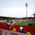 Sally Gunnell (No. 5 in blue) at the start of the 200m cometing for her club Essex Ladies in the Jubilee Cup Final, Don Valley Stadium