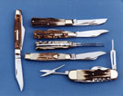Pocket-knives with stag handles and fisherman's knife, lower right, by Stan Shaw Pocket-knives with stag handles and fisherman's knife, lower right, by Stan Shaw