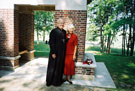 Bishop of Sheffield Right Reverend Jack Nicholls and his wife Judith at the Memorial Shelter, Sheffield Memorial Park, Serre, France