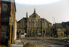 Carbrook School, Attercliffe Common viewed from Janson Street during road alterations with The Lambpool Hotel left