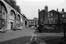Walker Street at the junction with Wicker Lane looking towards  The Wicker Arches and the entrance to the former Victoria Station; also showing the rear of The Station Hotel (right)