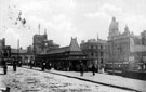 Cabmans Shelter, Fitzalan Square, Fitzalan Market Hall (background), Birmingham District and Counties Banking Co. Ltd., right (with domed roof)