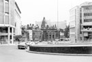 Hole in the Road looking towards Fitzalan Square with Park Hill Flats in the background showing Bunker and Pratley Ltd.; Marples Hotel (right) and the Classic Cinema
