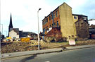 Derelict Works awaiting demolition, Backfields from Wellington Street with St. Matthew's Carver Street in the background