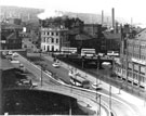Castlegate looking towards Tennants Brewery, Lady's Bridge Hotel, Lady's Bridge showing the River Don, Hancock and Lant with the Market access ramp in the foreground after 1969