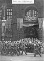 View: v03268 1953 Coronation Day. R.A.F. Norton, 616 Squadron led by Wing Commander Ken A. Mummery, marching past the Lord Mayor Oliver S. Holmes and dignitaries at the Town Hall