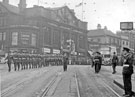 View: v03269 During the visit of the Queen and The Duke of Edinburgh, R.A.F. Norton, 616 Squadron led by Wing Commander Ken A. Mummery marching past Norfolk Market Hall, Haymarket