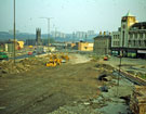 Road Works, Ecclesall Road with Sheffield and Ecclesall Co-op (Sunwin House) left and St. Mary's Church, Bramall Lane in the background
