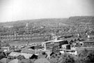 Elevated view of Abbeydale Road (left to right ); former Wardson Tools Ltd., Centenary Works at the junction of  Woodseats Road (left) and Athol Road, Brincliffe Edge (top left ) St Oswald's (sometimes called St Peter and St Oswald's) 