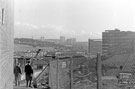 View: v03587 Elevated view looking across Pond Street bus station towards Sheffield Midland railway station and Claywood Flats with Sheaf House and Sheffield Polytechnic  right