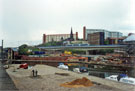 Hyde Park Flats and St. John's Church, Park and Supertram Viaduct from the Canal Basin during restoration