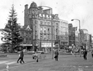 Fargate, taken from Town Hall Square, with Christmas tree on the left. The Goodwin Fountain is in the centre.