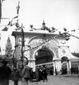 Decorative arch on Pinstone Street for the royal visit of Queen Victoria