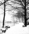 Snow at Endcliffe Park boating lake, previously the dam belonging to the Holme (Second Endcliffe) Grinding Wheel
