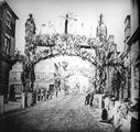 Royal visit of Prince and Princess of Wales (later became King Edward VII and Queen Alexandra), decorations at Market Place looking towards High Street, Fitzalan Market Hall, right