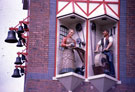View: w00680 Clock tower (known as a 'clockjack') in Orchard Square shopping centre, where on the hour, moving figures of a grinder and buffer girl appear.