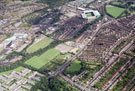 Elevated view of Hillsborough area. Middlewood Road, centre. Langsett Avenue, Overton Road, Marlcliffe Road (including Marlcliffe Junior School) and Grove Avenue on right. Sheffield Wednesday Football Ground in background