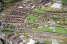 Aerial view of Tinsley area. M1 and Bawtry Road in foreground. Roads in background include Harrowden Road and St. Lawrence Road. Tinsley Junior School, bottom right