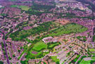 Aerial view of Burngreave area. Byron Wood School, Earldom Road, Catherine Road and Recreation Ground in foreground. Burngreave Cemetery, centre. Burngreave Road, left