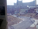 Footbridge construction at the bottom of Commercial Street looking towards Duke Street Flats and Hyde Park Flats
