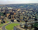 Elevated view from University of Sheffield Arts Tower of Brook Hill roundabout looking towards Jessop Hospital for Women and Hospital Laundry (chimney)