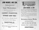 Advertisement for John Manuel and Son, upholsters and carpet warehousemen, Devonshire Cabinet Works, Division 