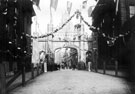 Queen Victoria's visit to Sheffield. Decorative arch on Commercial Street looking towards High Street