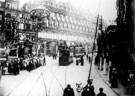 High Street decorated for royal visit of King Edward VII and Queen Alexandra, Bodega Buildings and John Walsh Ltd., in background