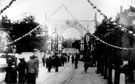 Decorative arch on Glossop Road to celebrate the royal visit of King Edward VII and Queen Alexandra