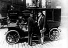 First Motor taxi in Sheffield at Barkers Pool, Reuben Thompson with Sir John Bingham (on right)