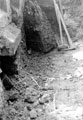 Sheffield Castle excavations recorded by J.B. Himsworth. Castle masonry and remains of square post stump
