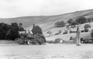 Remains of St. James and St. John's, Derwent village, submerged under Ladybower Reservoir. Derwent Vicarage, left