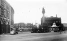 Moorhead showing the Crimean Monument and Passenger Transport Enquiry Office, looking towards Furnival Street, Grapes Hotel, right (behind monument) and Nelson Hotel, left