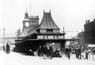 Omnibus Waiting Rooms (known as Moochers Rest), Fitzalan Square, 1895-1915, Market Street, left (later became part of Fitzalan Square), Fitzalan Market Hall in background Omnibus Waiting Rooms (known as Moochers Rest), Fitzalan Square, 1895-1915, Market Street, left (later became part of Fitzalan Square), Fitzalan Market Hall in background