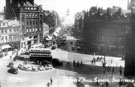 Elevated view of Town Hall Square looking towards Fargate, Town Hall Square Rockery, foreground, No 66, Fleur de Lis public house and Bank Chambers, left, Albany Hotel and Yorkshire Penny Bank, right