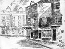 Engraving by J.H.Stainton of timber framed buildings at bottom of Snig Hill. Pack Horse Inn, No. 2 West Bar, left
